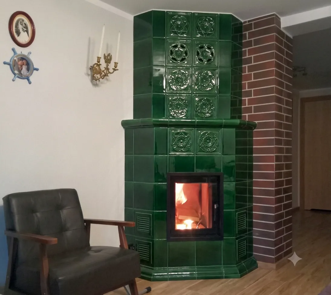 Tradycyjny narożny kominek z błyszczących kafli w kolorze ciemnej, butelkowej zieleni z płonącym ogniem w czarnym wkładzie, usytuowany obok ceglanego filaru.